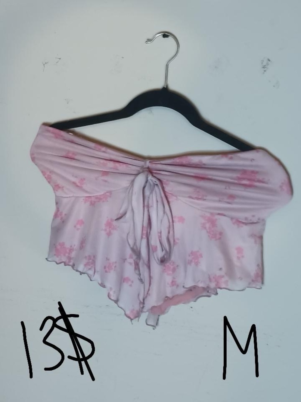 Pastel Pink Floral Tie-Front Off-Shoulder Crop Top